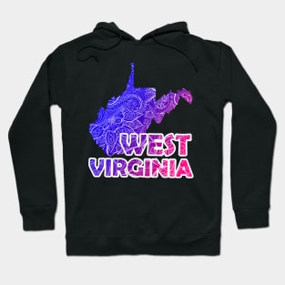 Colorful mandala art map of West Virginia with text in blue and violet Hoodie